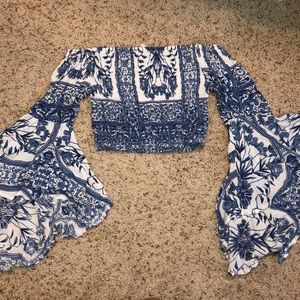 LF Blue and White Bell Sleeve Crop Top Size Small